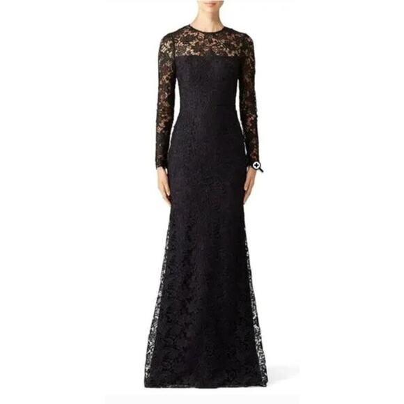 ML Monique Lhuillier Lace Tower Dress Sheer Back Lace Overlay Maxi Black Size 6 - Picture 3 of 11